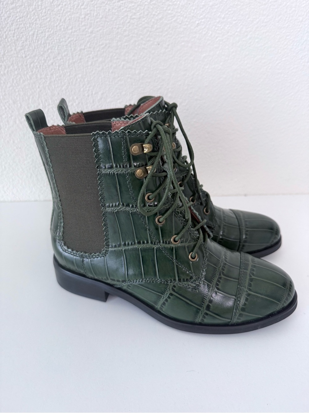 Jeffrey Campbell Junction Great Moments Green Croc Embossed Leather Boots Size 6 - Picture 2 of 13